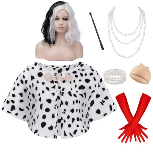 Velmawig Cruella Devil Kostüm Damen Cruella Perücke Schwarz und Weiß Schal für Frauen Halloween Fasching Party Costume VL044 von Velmawig