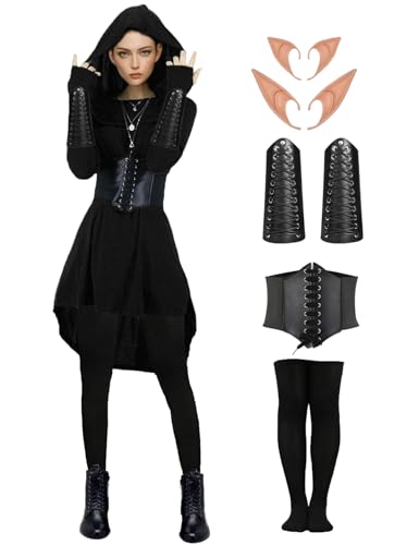 Velmawig Gothic kleidung Damen Mittelalter Renaissance Kostüm Kleid mit Kapuze Langarm Karneval Kostüm Elfen Cosplay Robe Kapuzenkleid mit Elfenohren Korsett Overknee Socken Armschützer VL030L von Velmawig