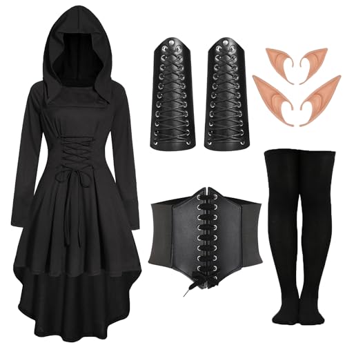 Velmawig Gothic kleidung Damen Mittelalter Renaissance Kostüm Kleid mit Kapuze Langarm Karneval Kostüm Elfen Cosplay Robe Kapuzenkleid mit Elfenohren Korsett Overknee Socken Armschützer VL030XXL von Velmawig