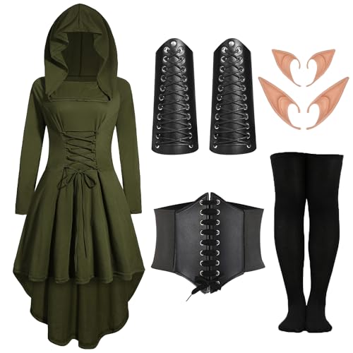 Velmawig Gothic kleidung Damen Mittelalter Renaissance Kostüm Kleid mit Kapuze Langarm Karneval Kostüm Elfen Cosplay Robe Kapuzenkleid mit Elfenohren Korsett Overknee Socken Armschützer VL031L von Velmawig