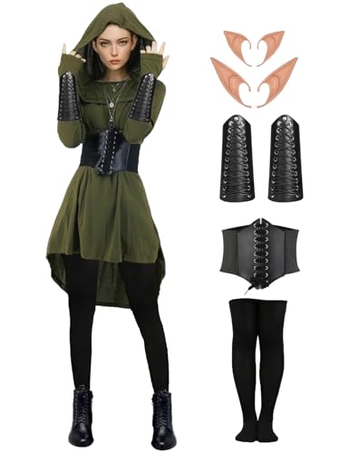 Velmawig Gothic kleidung Damen Mittelalter Renaissance Kostüm Kleid mit Kapuze Langarm Karneval Kostüm Elfen Cosplay Robe Kapuzenkleid mit Elfenohren Korsett Overknee Socken Armschützer VL031L von Velmawig