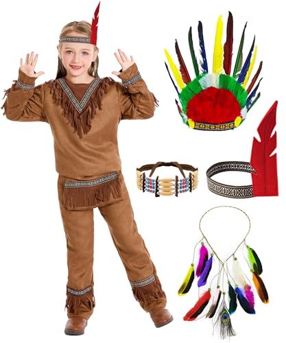 Velmawig Indianer Kostüm Kinder Mädchen Junge Top Hose mit Zubehör Karneval Kostüm Indianer Heimisch Kinder Cosplay Outfit mit Kopfschmuck Choker Halskette für Fasching Halloween Party VL011-L von Velmawig