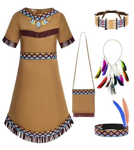 Velmawig Indianer Kostüm Kinder Mädchen Karneval Kostüm Heimisch Indisch Cosplay Outfit mit Zubehör Kopfschmuck Feder Faschingskostüme Kleid für Karneval Fasching Halloween VL012L von Velmawig