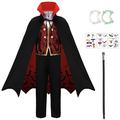 Velmawig Kinder Vampir Kostüm Jungen Gothic Royal Mittelalter Gothic Cosplay Outfit für Karneval Geburtstagsparty mit Deluxe Zubehör Vampir Cane Glow in the Dark Aufkleber Zähne VL005-L von Velmawig