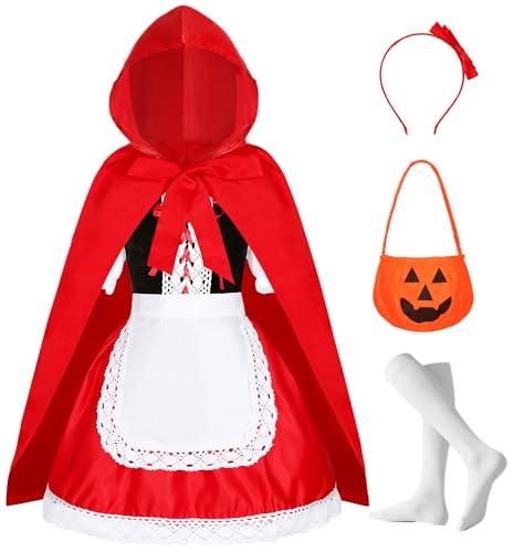 Velmawig Mädchen Rotkäppchen Kostüm Umhang Kinder Little Red Riding Hood Costume Cape Karneval Weihnachten Party Cosplay Outfit mit Schürze Stirnband Socken VL015A von Velmawig