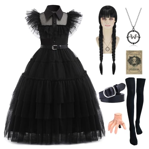 Velmawig Mittwoch Kostüm Kleid Mädchen Wed Kostüm mit Händchen Haarnadel Perücke Prinzessin Schwarz Kleid Halloween Karneval Familie Cosplay Kostüm für Mädchen 3-14 Jahre VL038-M von Velmawig