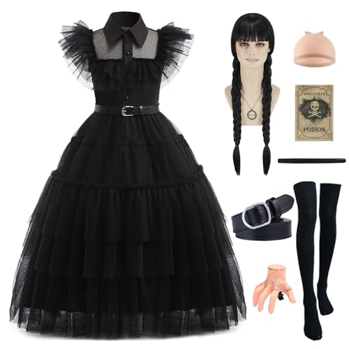 Velmawig Mittwoch Kostüm Kleid Mädchen Wed Kostüm mit Händchen Haarnadel Perücke Prinzessin Schwarz Kleid Halloween Karneval Familie Cosplay Kostüm für Mädchen 3-14 Jahre VL038L von Velmawig