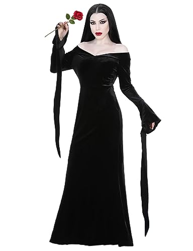 Velmawig Morticia Addams Kostüm Damen Erwachsene Elegante Gothic Vintage Off Shoulder Kleid für Addams Familie Hexenkostüm Cosplay mit Rose Zubehör für Karneval Thema Party tägliche Kleidung VL013L von Velmawig