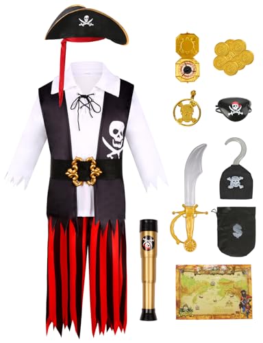 Velmawig Piratenkostüm Kinder Jungen Piraten Kostüm Outfit Zubehör Set Fasching Kostüm Kapitän Cosplay mit Piratenhut Augenklappe Piratenhose Ohrringe Gold für Halloween Karneval VL014L von Velmawig