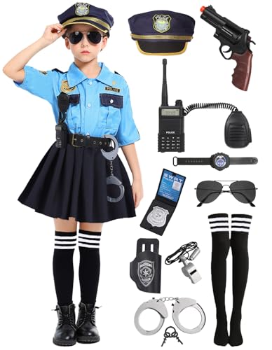 Velmawig Polizistin Kostüm für Kinder Mädchen Polizei Kostüm Faschings Karneval Cosplay Outfits Cop Uniform Spielzeug Zubehör Mütze Geburtstag Party Dress up set mit Ausrüstung Hut VL043L von Velmawig