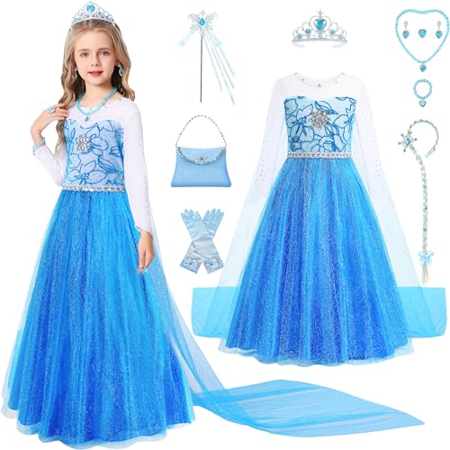 Velmawig Prinzessin Elsa Kostüm Mädchen, Elsa Kleid Eiskönigin Faschingskostüme Kinder Elsa Kostüm Kinder Elsa Kleid Mädchen mit Zopf Zauberstab Krone Handschuhe Halskette Handtasche Ohrringe VL045XS von Velmawig