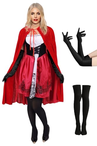 Velmawig Rotkäppchen Kostüm Damen Rotkäppchen Umhang mit Kapuze Erwachsene Halloween Karneval Kostüm Frauen Fasching Cosplay Outfit Partykleid VL042L von Velmawig