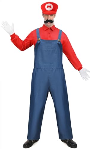 Velmawig Super Brothers Klempner Kostüm Herren Erwachsene Karneval Kostüm Cosplay Overall Hemd Faschingskostüm mit Mütze Bart Handschuhe Held VL003-XL von Velmawig