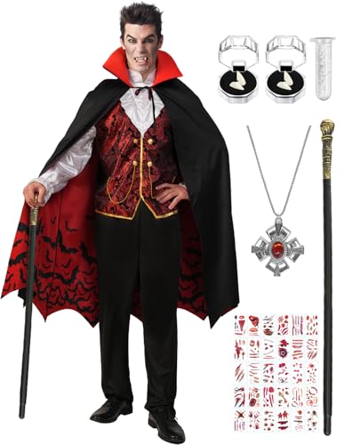 Velmawig Vampir Kostüm für Herren Renaissance Mittelalterliche Vampir Gothic Royal Cosplay Outfit Deluxe Halloween Kostüm mit Vampir Zähne Set Vampir Cane Halskette für Karneval VL039L von Velmawig