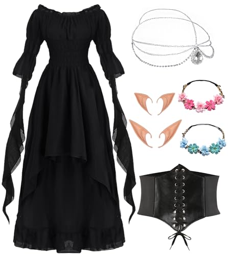 Viktorianisches Gothic Kleider Damen Mittelalter Kleidung Renaissance Kostüm Frauen Abendkleid Vintage Schwarzes Kleider Karneval Halloween Outfit mit Elfenohren Haarschmuck Socken Korsett VL028M von Velmawig