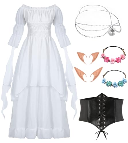 Viktorianisches Gothic Kleider Damen Mittelalter Kleidung Renaissance Kostüm Frauen Abendkleid Vintage Weißes Kleider Karneval Halloween Outfit mit Elfenohren Haarschmuck Socken Korsett VL029S von Velmawig