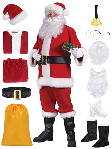 Weihnachtsmann Kostüm Nikolaus Kostüm für Männer Santa Claus Weihnachtsanzug Herren Erwachsene Weihnachtsfeier Deluxe Nikolauskostüm Set Samt Weihnachtsanzug mit Santa Perücke und Bart 11Stk VL040M von Velmawig