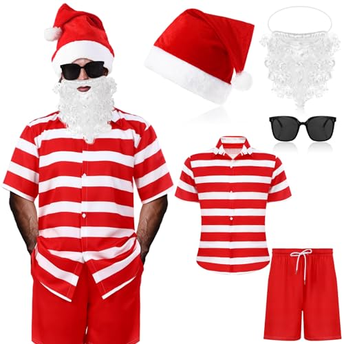 Velmitten 5-teiliges Weihnachtsmann-Kostüm-Set, Aloha-Hemd, Shorts, Weihnachtsmann-Bart-Hut, Sonnenbrille für Herren, Weihnachten im Juli, Pool-Party (XXL) von Velmitten