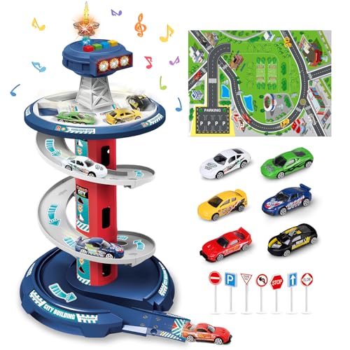 Kinder Autogarage Spielset, Autorennbahn Spielzeug mit Simulierter Musik und Lichteffekten, 4-Ebenen Auto Ramp Racer mit Garage Rampen, Auto Parkplatz Spielzeugset für 3+ Jahre Alte Jungen Mädchen von Veluoess