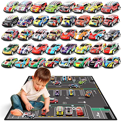 Veluoess 40 Stück Mini Auto Spielzeug, Zurückziehen Mini Spielzeugautos mit Spielmatte Kinder Mini Rennauto Geschenk für Jungen und Mädchen 3 4 5 6 7 Jahre Alt von ZYZYZK