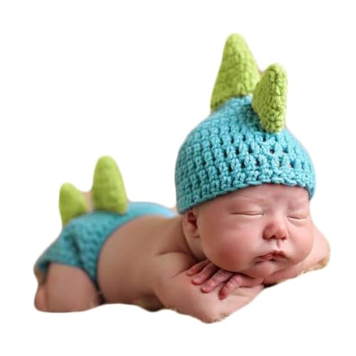 Vemonllas Foto-Requisiten für Neugeborene, Dinosaurier-Outfit, Foto-Requisite, Dino Helm, Mütze, Windelüberzug, Baby-Häkel-Kostüm, Neugeborenen-Fotoshooting (Blau – Grüne Stacheln) von Vemonllas