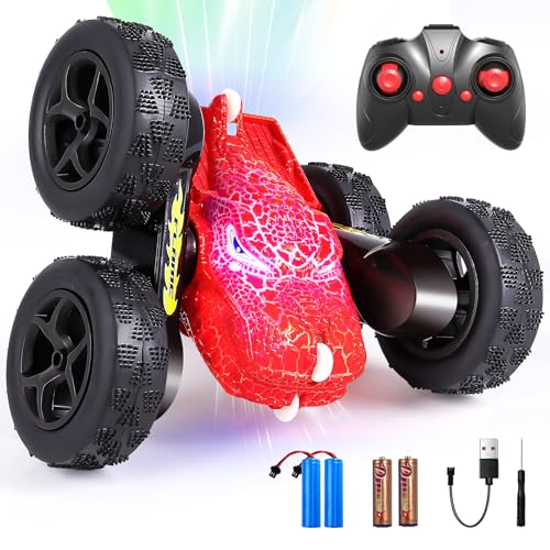 Ferngesteuertes Auto Dinosaurier, 4WD 2.4 Ghz RC Stunt Crawler mit LED Licht, 360°drehbare Drift RC Auto Junge, Spielzeug ab 3-10 Jahre Junge Mädchen Monstertruck Geburtstags Geschenke (Rot) von Verdantree