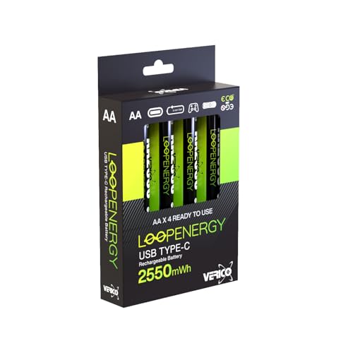 VERICO LoopEnergy AA 2550 Wiederaufladbare USB-C Batterie AA 1,5V 2550mWh (1700mAh) Li-Ion Akku, Schnellladung via USB-C Anschluss in ca. 2 Stunden, 4X AA, Farbe: Grün von VERICO