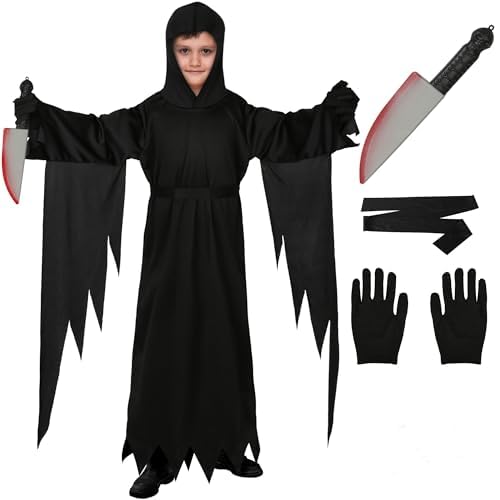 Vermeyen Gruseliges Scream-Kostüm für Kinder, Geister-Gesichtsmaske, Jungenkostüm, Halloween, Cosplay-Kostüm (klein, schwarz) von Vermeyen