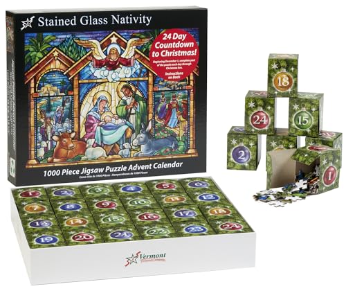 Buntglas-Krippen-Puzzle-Adventskalender, 1000 Teile von Vermont Christmas Company – 24 Puzzle-Abschnitte zum Vervollständigen – Countdown bis Weihnachten jeden Tag im Dezember von Vermont Christmas Company