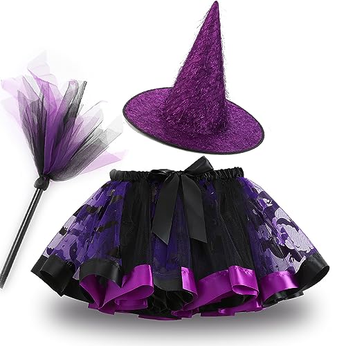 Veroda Halloween Hexenkostüm Tutu Rock Hut Hexe Besen für Kinder Mädchen Halloween Karneval Fasching Verkleidung Kostüm (Lila, L(Höhe:110-125cm)) von Veroda