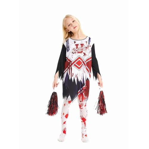 Veroda Halloween Zombie Horror Campus Dead Cheerleader Kostüme Kleid Pompons Socken für Kinder Mädchen Halloween Kostüm (L(12-14 Jahre)) von Veroda