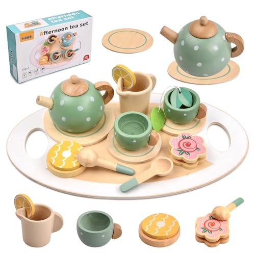 Vesaneae Teeservice Kinder Holz Set, Tee Set Holzspielzeug, Teeparty Spielküche Rollenspiele Kinderküche Zubehör, Teeparty-Set aus Holz, Geschenk für Kinder Pretend Play Mädchen Jungen von Vesaneae