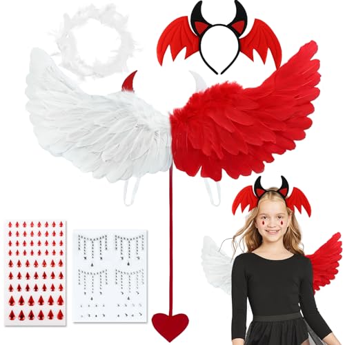 Engel Kostüm Damen,Teufel Kostüm Rot,Weiß Engelsflügel,Angel Wings für Kinder ErwachseneTeufelshörner Heiligenschein Haarreif Tattoo Aufkleber Zubehör Fasching kostüme Cosplay Halloween Party von Vexlyn