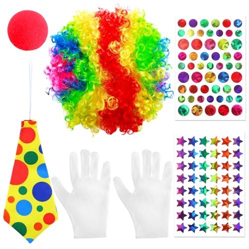 Vexlyn Clown Kostüm, 6 Stück Clown Kostüm Accessoire Set für Kinder Damen Herren Clown Lockenperücke Clownsnase Bunte Krawatte Aufkleber Karneval Halloween Kostüm Party Cosplay Karneval Clown Dress Up von Vexlyn