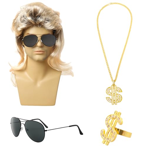 Vexlyn Hippie Kostüm Herren,Vokuhila Perücke Golden Hippie Accessoires Karneval Kostüm Perücke Herren Damen Sonnenbrille Dollarring Dollar-Halskette 70er 80er Cosplay Disco Thema Party Wigs von Vexlyn