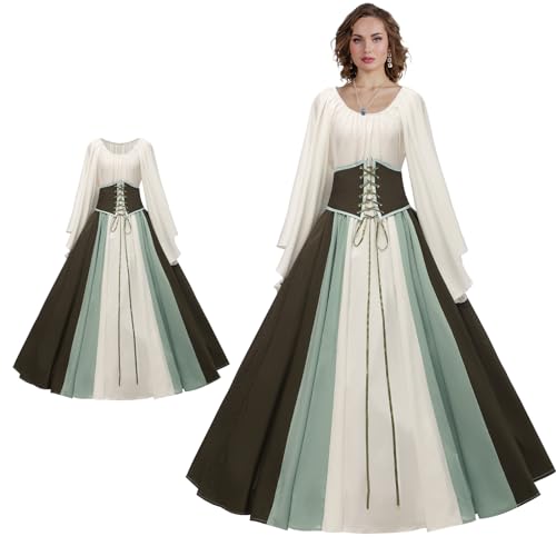 Vexlyn Mittelalter Kleid Damen-Grün Mittelalter Kleidung Kurzarmschnürung Medieval Dress Women's Gothic Dresses Vintage Partykleid für Halloween-Karnevalskostüm von Vexlyn