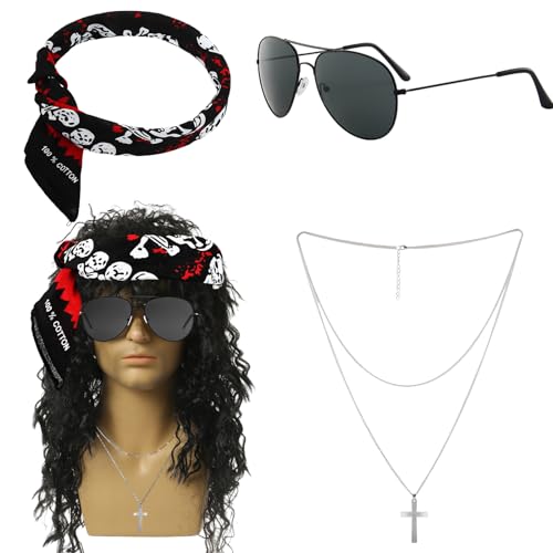 Vexlyn Hippie Kostüm Herren,Lange Vokuhila Mullet Perücke Heavy Metal Punk Männlich Kostüm Hippie Accessoires Karneval Kostüm Sonnenbrille Halskette 70er 80er Cosplay Disco Thema Party Halloween wigs von Vexlyn