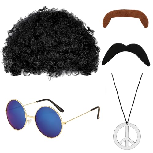 Hippie Accessoires, Hippie Kostüm Herren Set Afro Perücke Herren Schwarz Karneval Kostüm Perücke Herren Damen Sonnenbrille Friedenskette Bart 70er 80er Cosplay Disco Thema Party wigs von Vexlyn