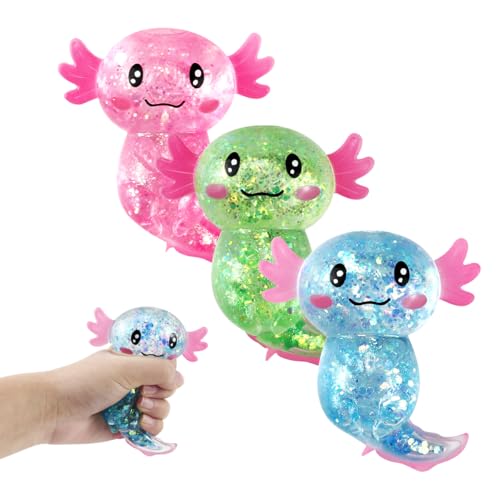 3 Stück Axolotl Squeeze Stress Spielzeug– Stressabbau & Entspannung, Glitzernde Axolotl Antistress Spielzeug Squishy, Squishy Squeeze Toys, Fidget Toys(Grün, Blau, Pink) für Kinder Erwachsener von Vexran