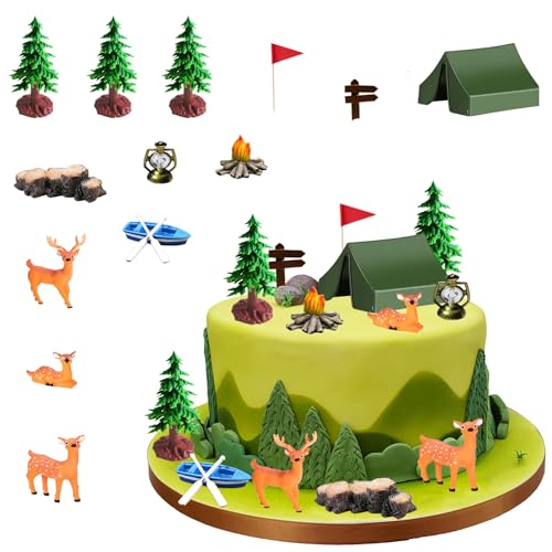 Vezerd Tortendeko Geburtstag, 15 Stück Camping Kuchen Deko Tortenaufleger, Wald Hirsche Thema Happy Birthday Torten deko für Mädchen Junge, Cake Decoration Topper Set für Kinder Party von Vezerd