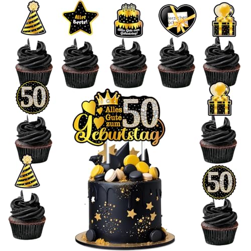 Tortendeko 50. Geburtstag Mann Frau, Vezerd 25 Stück Cupcake Geburtstag Kuchen Deko Tortenaufleger, Happy Birthday Muffin Torten deko, Cake Decoration Topper für 50th Geburtstag, Gold von Vezerd