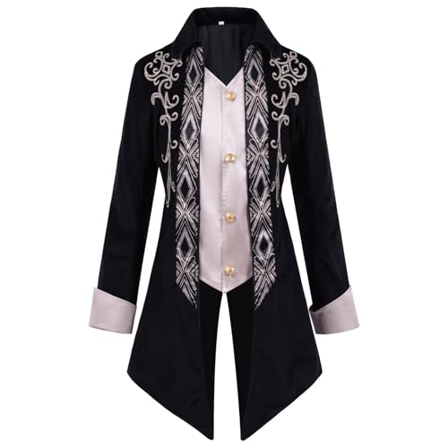 Vhersily 2025 Karnevalsgeschenke - Steampunk Herrenjacke Renaissance Mantel Herren 2 Schwarz Rot Gothic Kinderwagen Mittelalter Halloween Frack Herren 3 Kostüm Einreihige Jacken Karneval Vintage von Vhersily