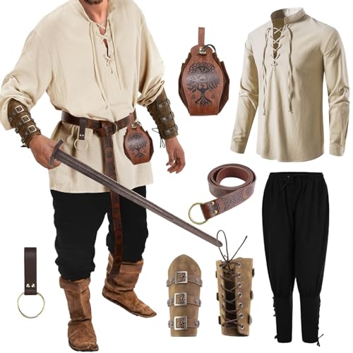 Vhersily 7-teiliges Renaissance-Kostüm-Set für Herren, Hemden mit V-Ausschnitt, Hose, Mittelalterliches Ritter-Kostüm mit Zubehör der Renaissance zum Verkleiden von Halloween von Vhersily