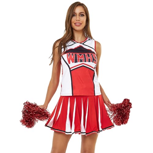 Vhersily Cheerleader Kostüm Damen, Cheerleader-Kleid, Cheerleading Outfit mit Bommel Karneval Damen Sport Fancy Dress Up für Sportveranstaltung Cheerleader Cosplay Mädchen von Vhersily