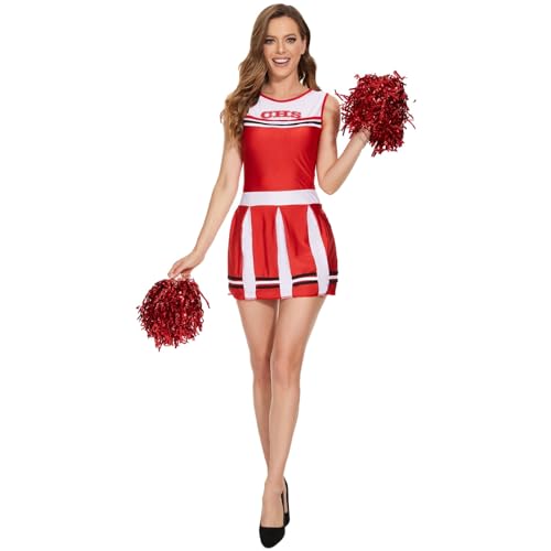 Vhersily Cheerleader Kostüm Damen, Cheerleader-Kleid, Cheerleading Outfit mit Bommel Karneval Damen Sport Fancy Dress Up für Sportveranstaltung Cheerleader Cosplay Mädchen von Vhersily