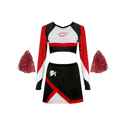 Vhersily Geschenke Angebote Cheerleader Kostüm Damen, Cheerleader-Kleid, Cheerleading Outfit mit Bommel Cheerleader, Faschingskostüm Damen Sport Fancy Dress Up für Karneval von Vhersily