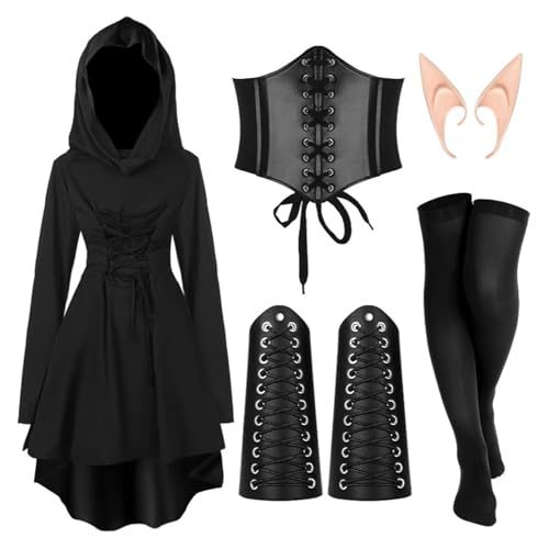 Vhersily Geschenke Angebote Mittelalterliches Kleid Damen Kapuze, Gothic Kleid Set Damen, Mittelalter Renaissance Kostüm Damen mit Korsett, Gürtel, Elfenohren für Halloween, Karneval von Vhersily