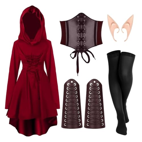 Vhersily Geschenke Angebote Mittelalterliches Kleid Damen Kapuze, Gothic Kleid Set Damen, Mittelalter Renaissance Kostüm Damen mit Korsett, Gürtel, Elfenohren für Halloween, Karneval von Vhersily