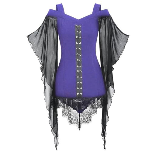 Vhersily Gothic Kleidung Damen, Halloween Kostüm Mesh, Spitzen Bluse, Bandage Slim Fit Korsett Hexen Tops,Halloween Kleidung, Schwarze Gotisch Oberteile,Punk Copplay Karneval Kostüm von Vhersily