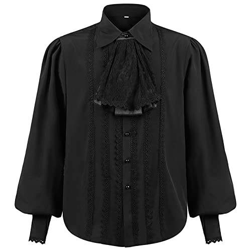 Vhersily Halloween Kostüm Herren Steampunk Viktorianisch Langarm Jabot Kragen Mittelalter Piraten Hemd Tops Gothic Rave Wear Karneval Kostüm von Vhersily